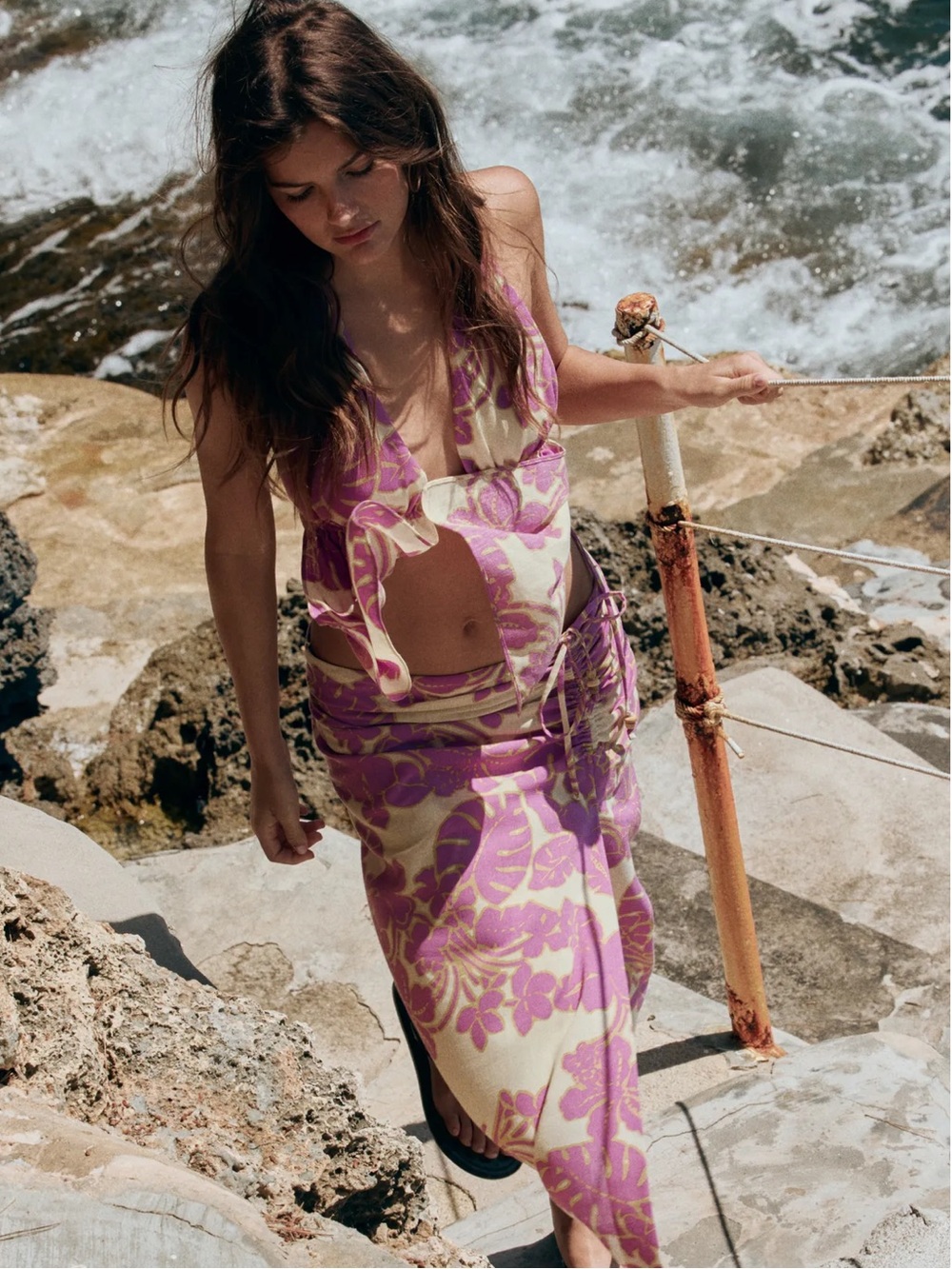 ZARA SET BEADED PRINT HALTER TOP & PRINTED MIDI SKIRT WITH SLIT